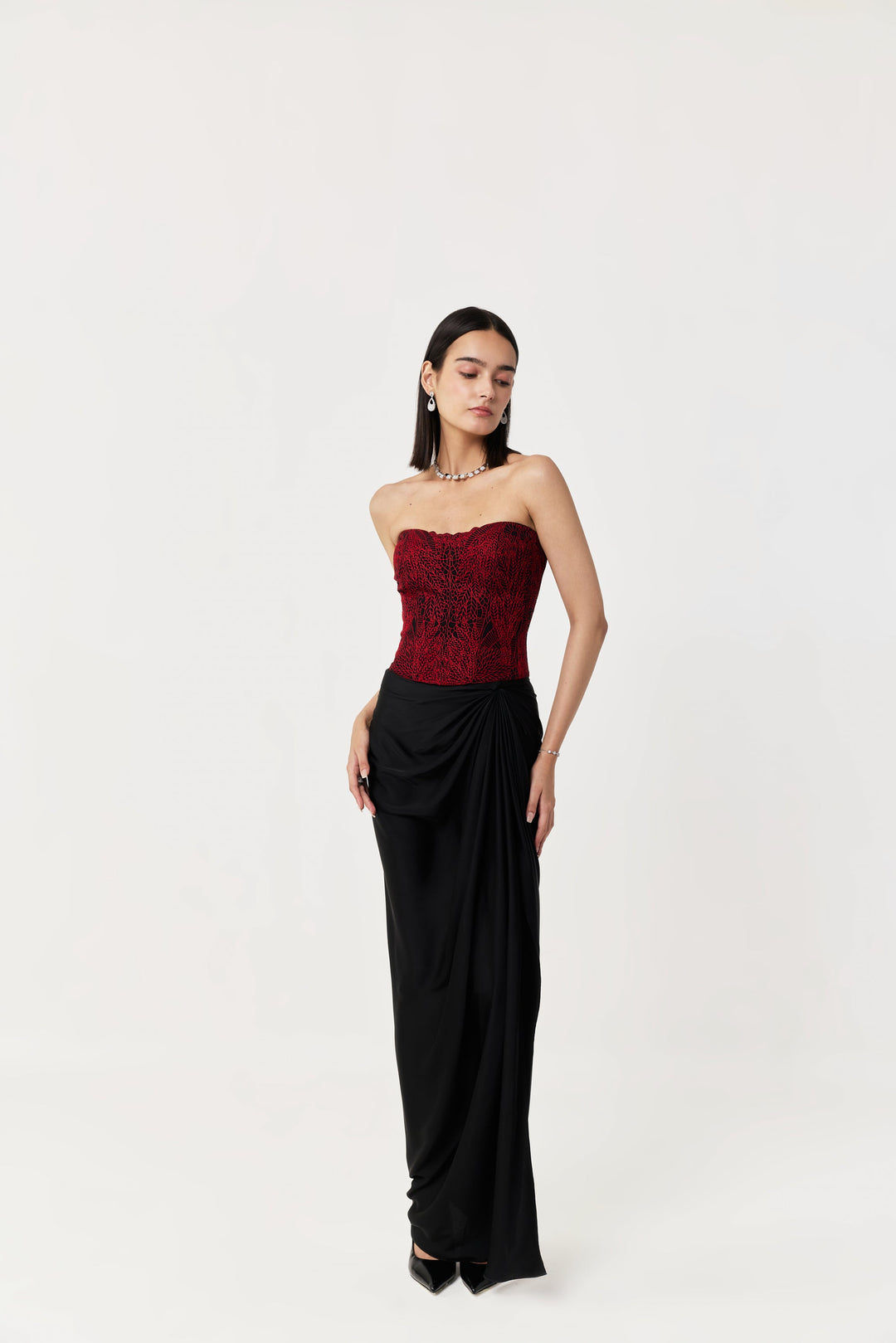 Moss Forest Embroidered Corset Set - Black & Red