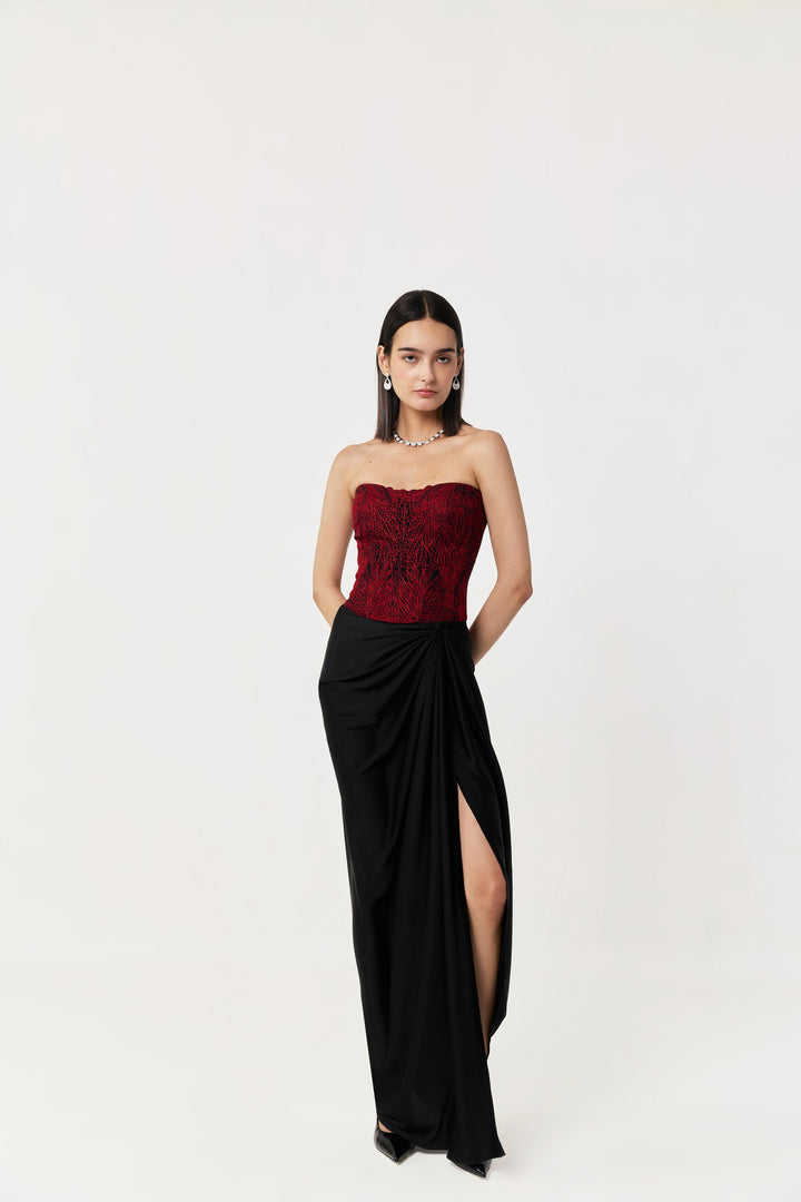 Moss Forest Embroidered Corset Set - Black & Red