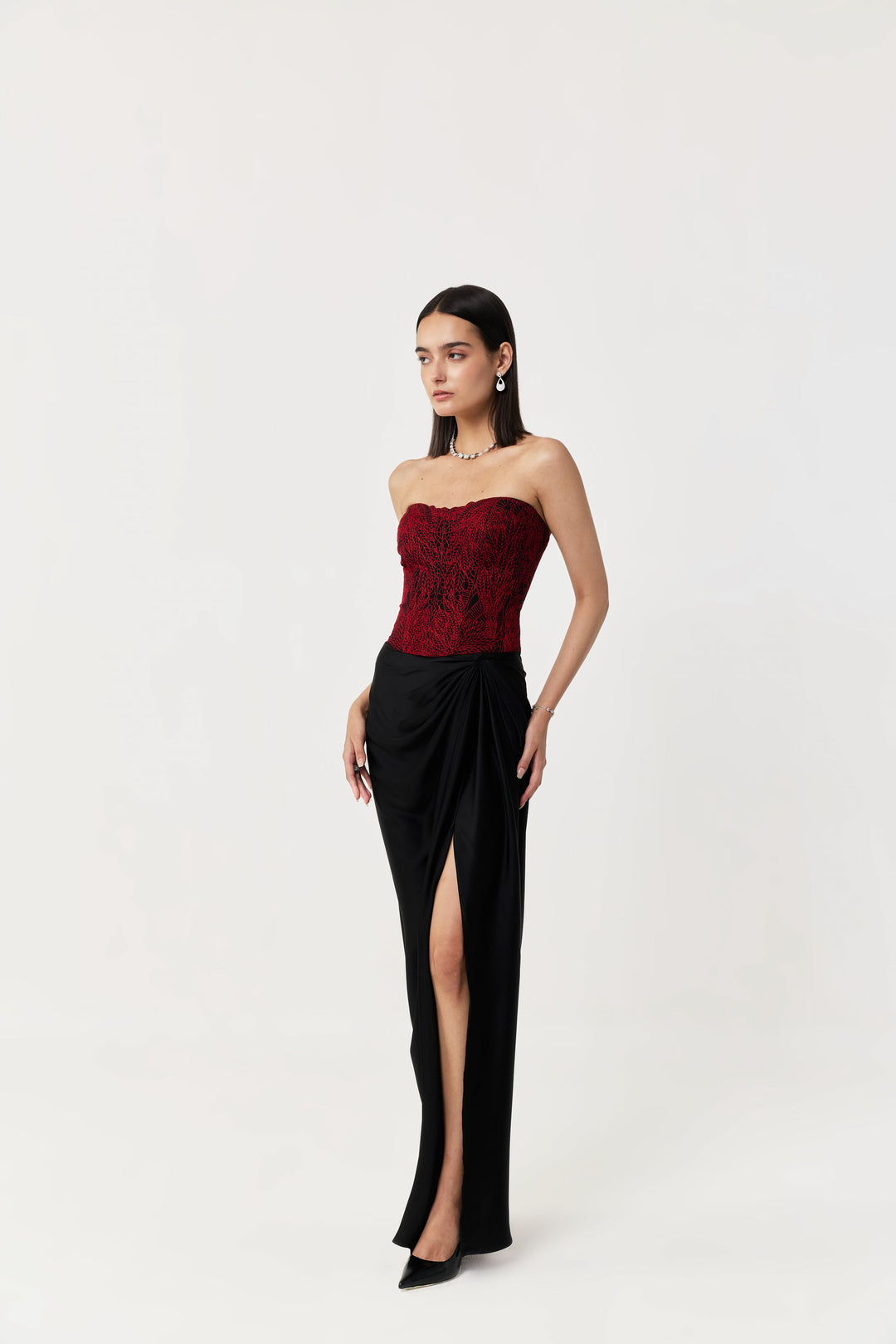 Moss Forest Embroidered Corset Set - Black & Red