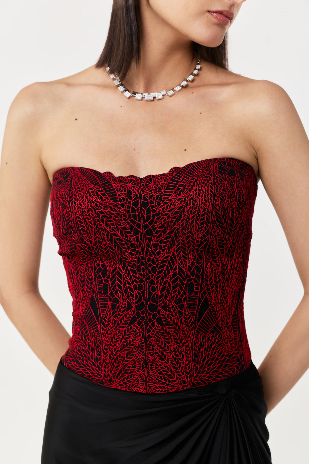 Moss Forest Embroidered Corset - Black & Red