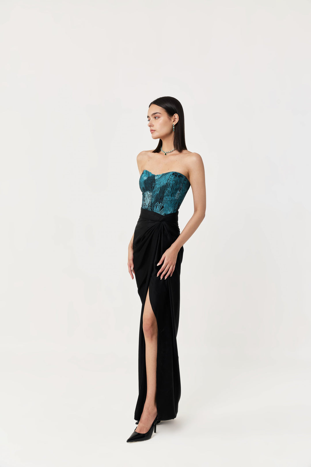 Moss Forest Appliqué Corset Set - Emerald Teal