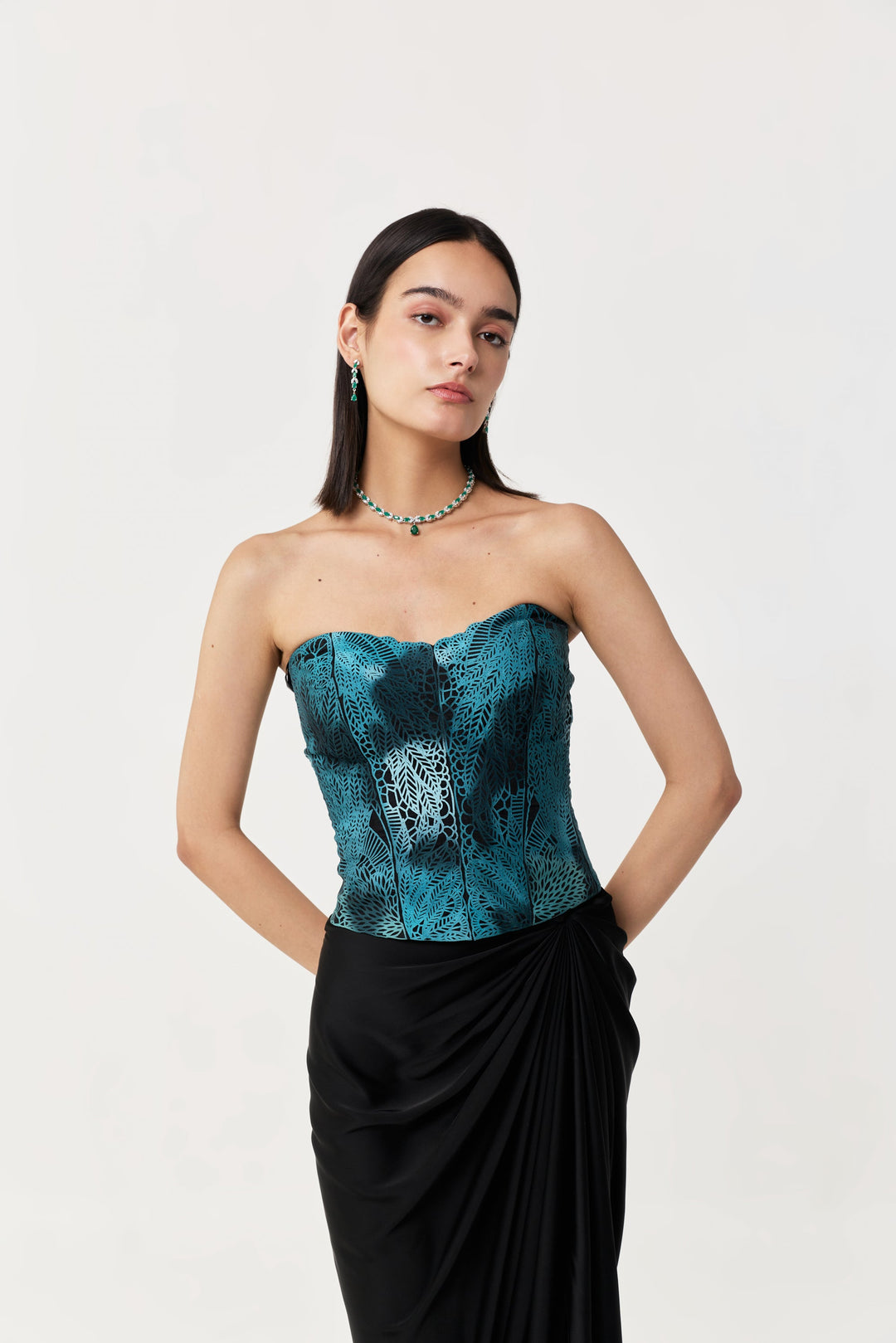 Moss Forest Appliqué Corset Set - Emerald Teal