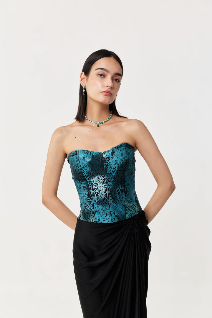 Moss Forest Appliqué Corset Set - Emerald Teal