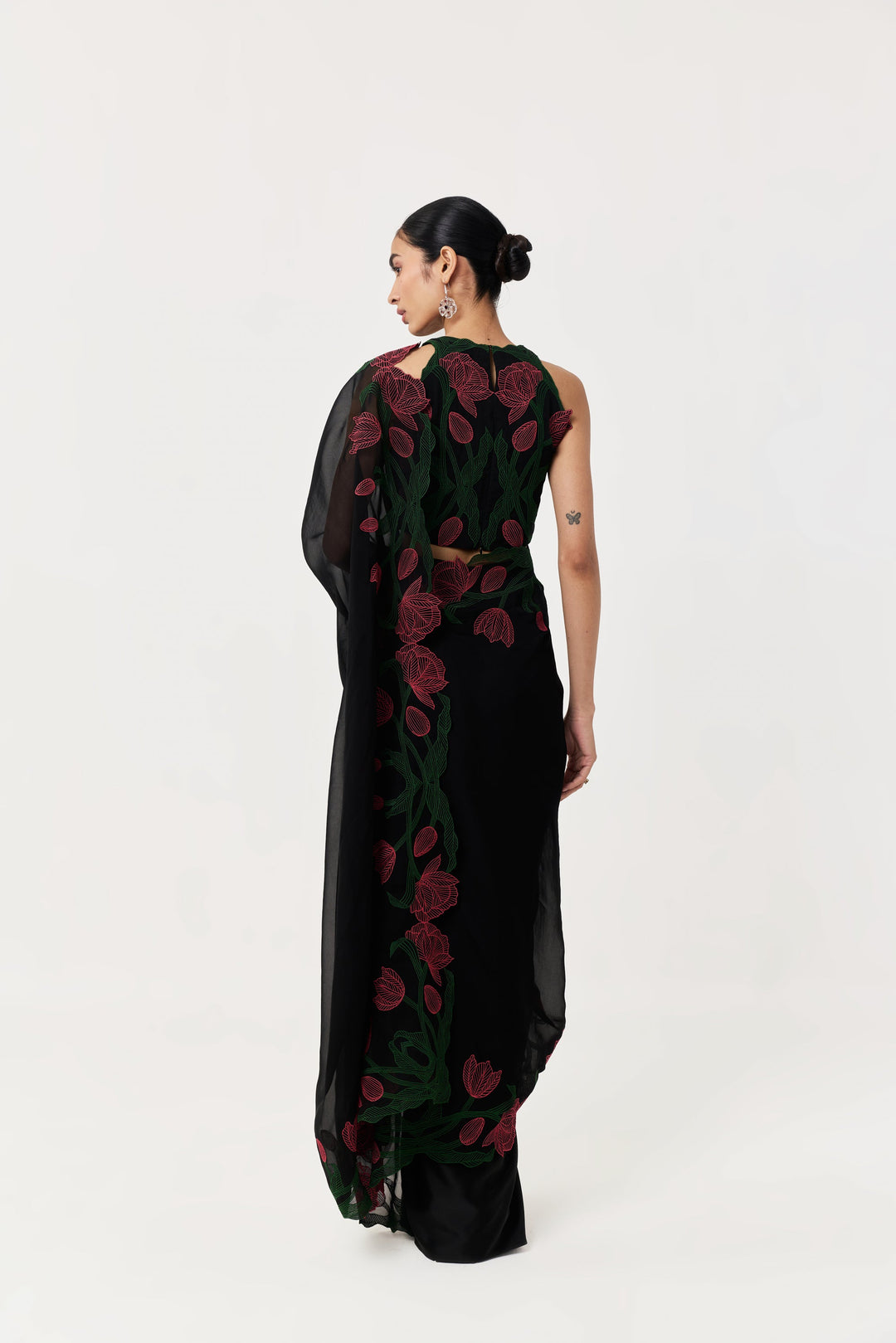 Wild Tulip Pre-Stitched Saree Set - Black with Pink & Green Tulip Embroidery