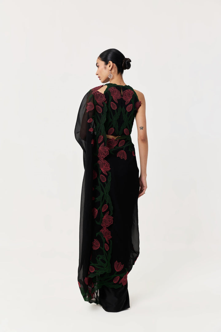 Wild Tulip Pre-Stitched Saree Set - Black with Pink & Green Tulip Embroidery