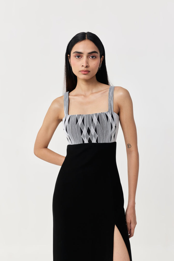Entwined Corded Yoke Dress - Black & White