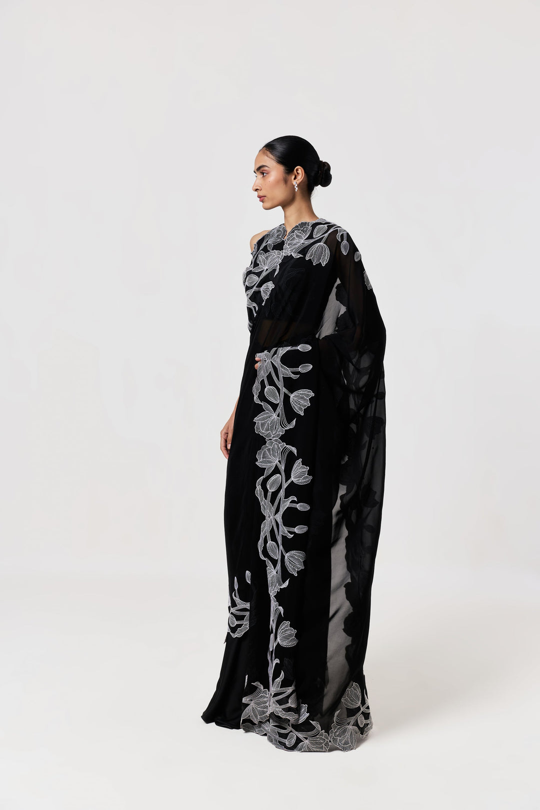 Wild Tulip Pre-Stitched Saree Set - Black & White