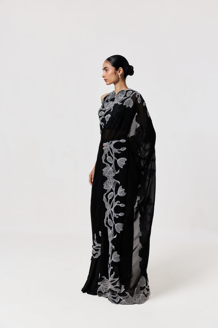 Wild Tulip Pre-Stitched Saree Set - Black & White