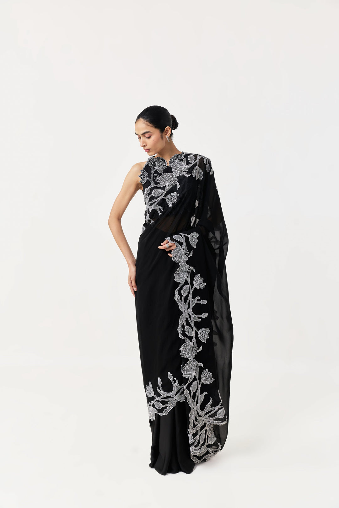 Wild Tulip Pre-Stitched Saree Set - Black & White