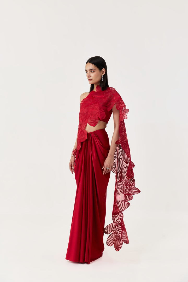 Orchid Gauze Saree Set - Red