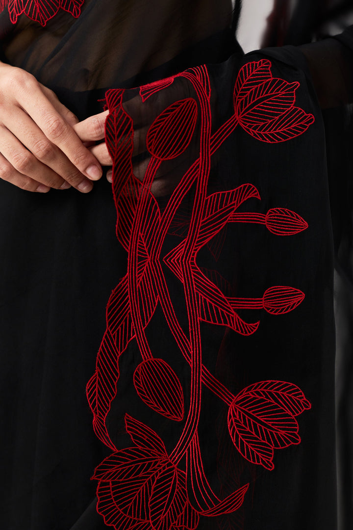 Wild Tulip Pre-Stitched Saree Set With Sleeves - Black & Red