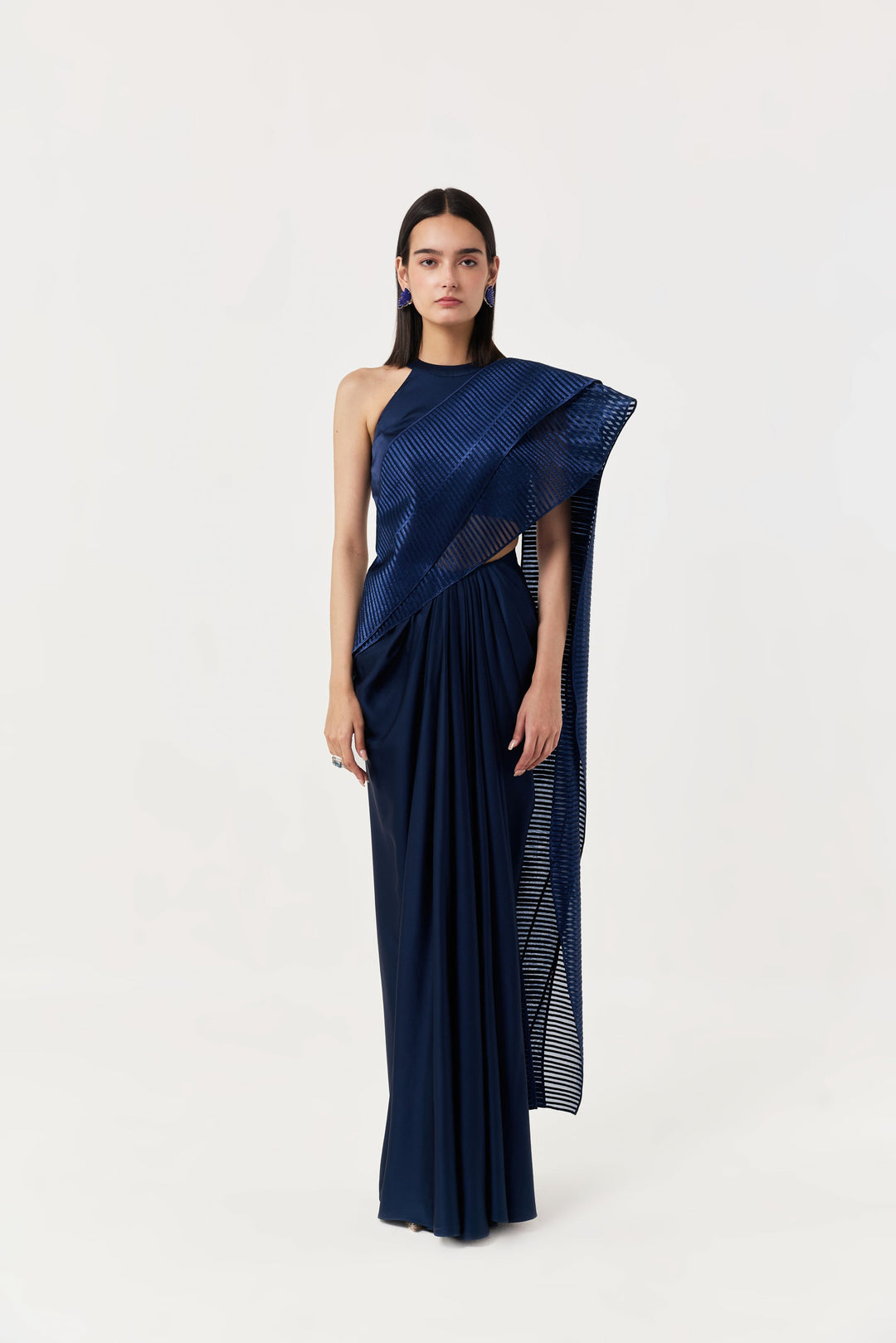 Layered Wave Pre-Stitched Saree - Navy Blue