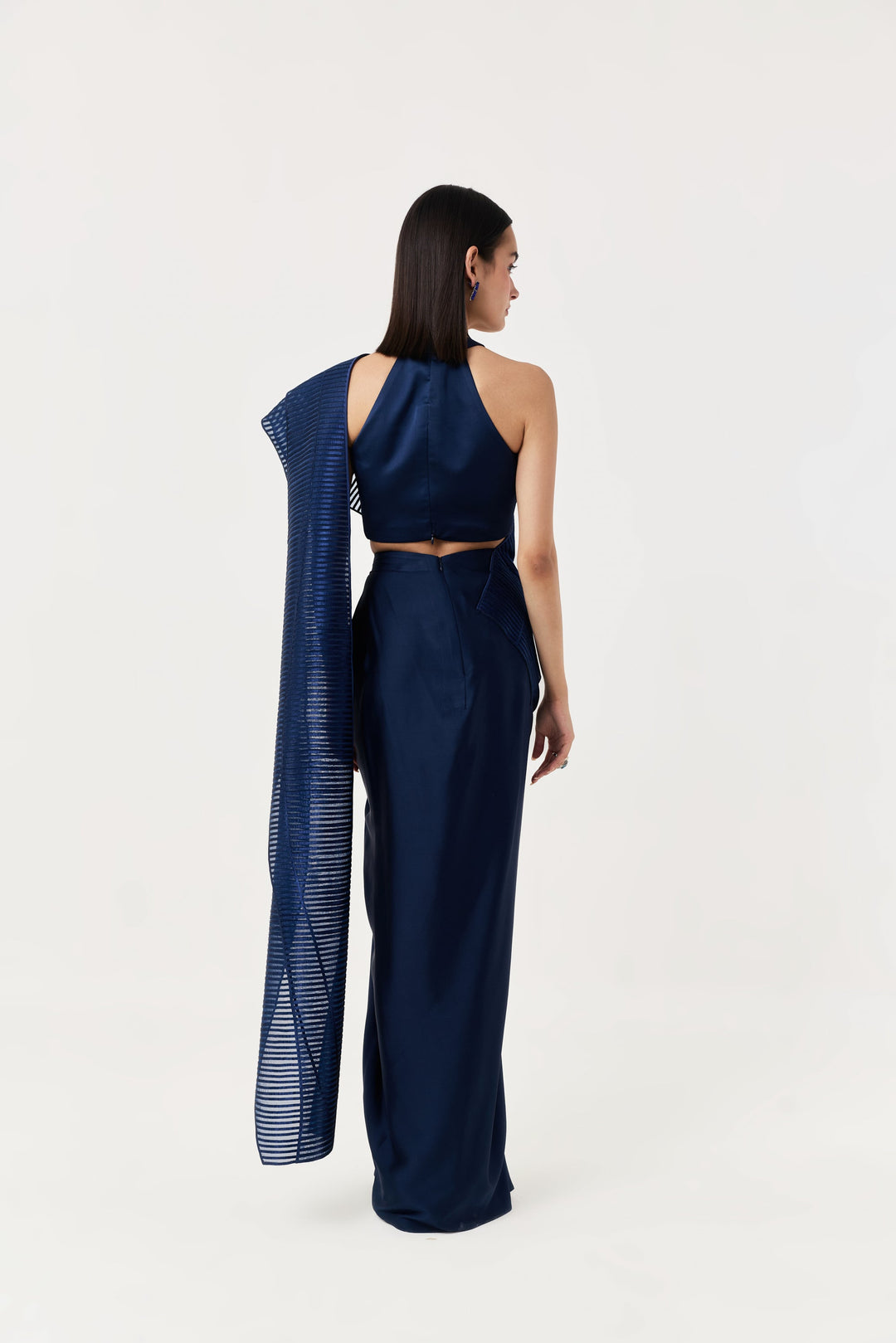 Layered Wave Pre-Stitched Saree - Navy Blue