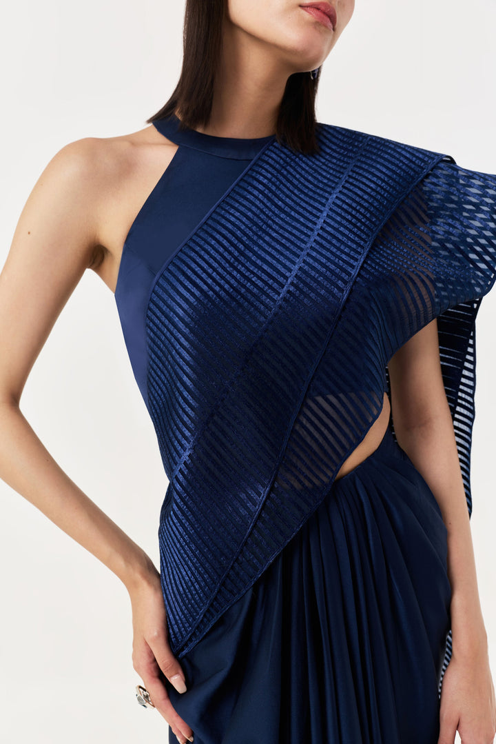 Layered Wave Pre-Stitched Saree - Navy Blue
