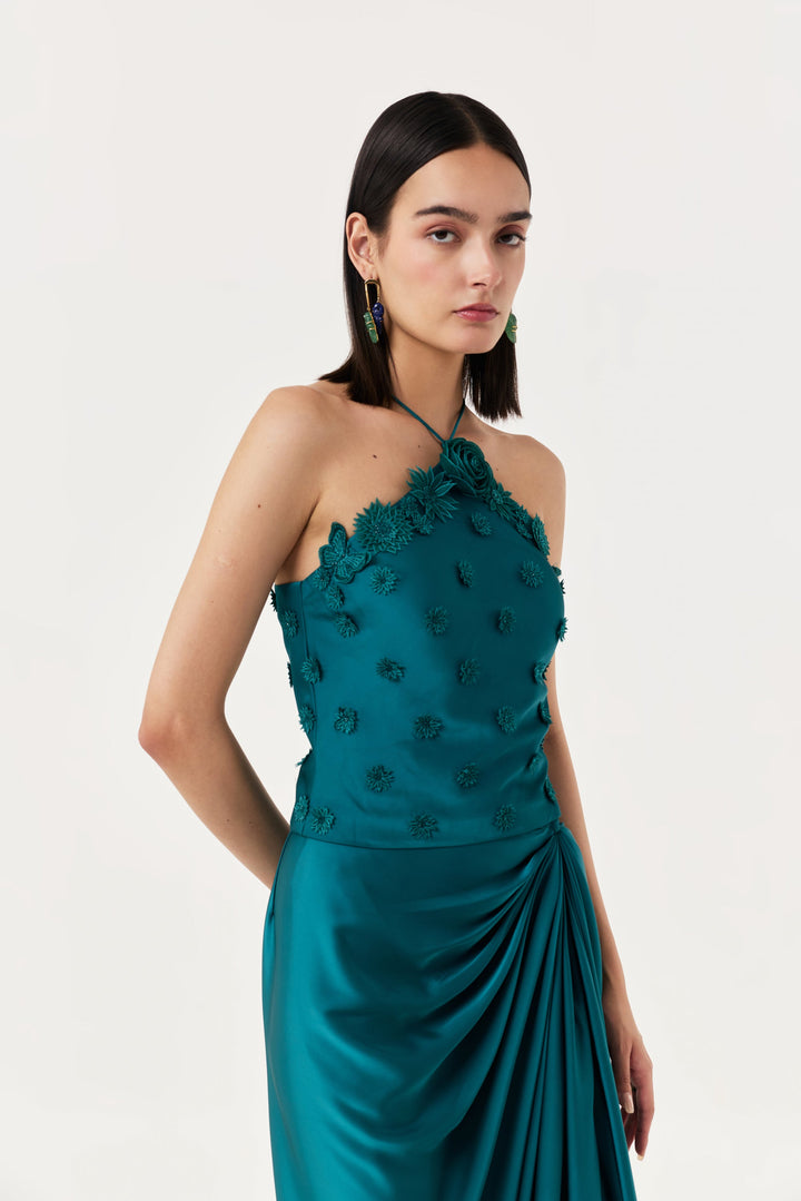 3D Floral Halter Top Skirt Set - Emerald Teal