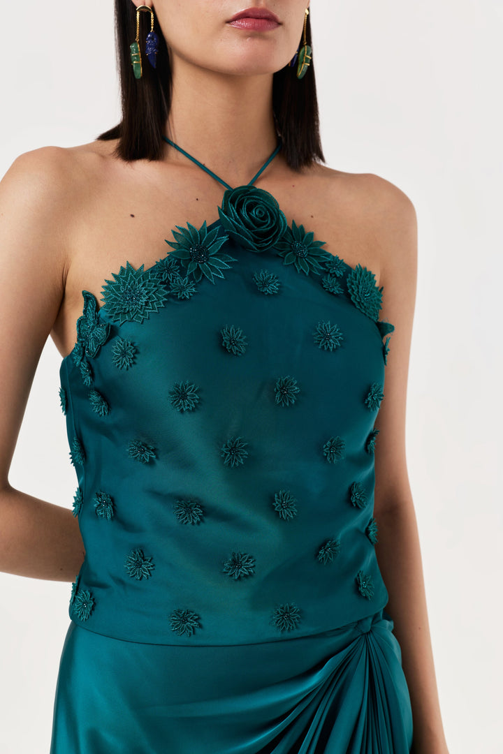 3D Floral Halter Top Skirt Set - Emerald Teal