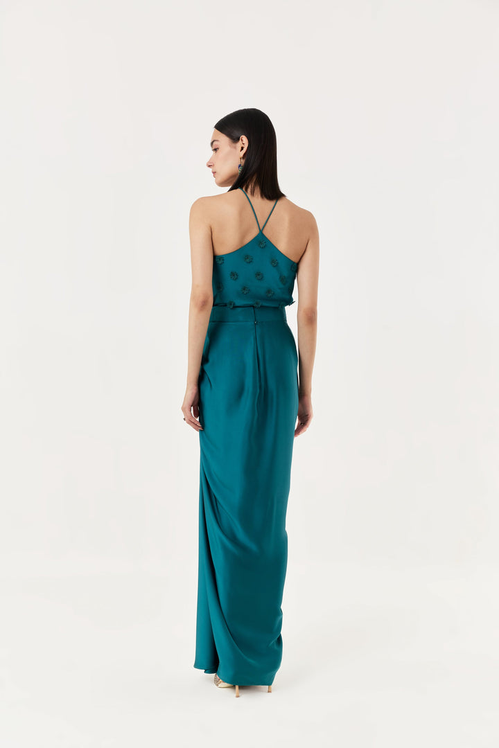 3D Floral Halter Top Skirt Set - Emerald Teal