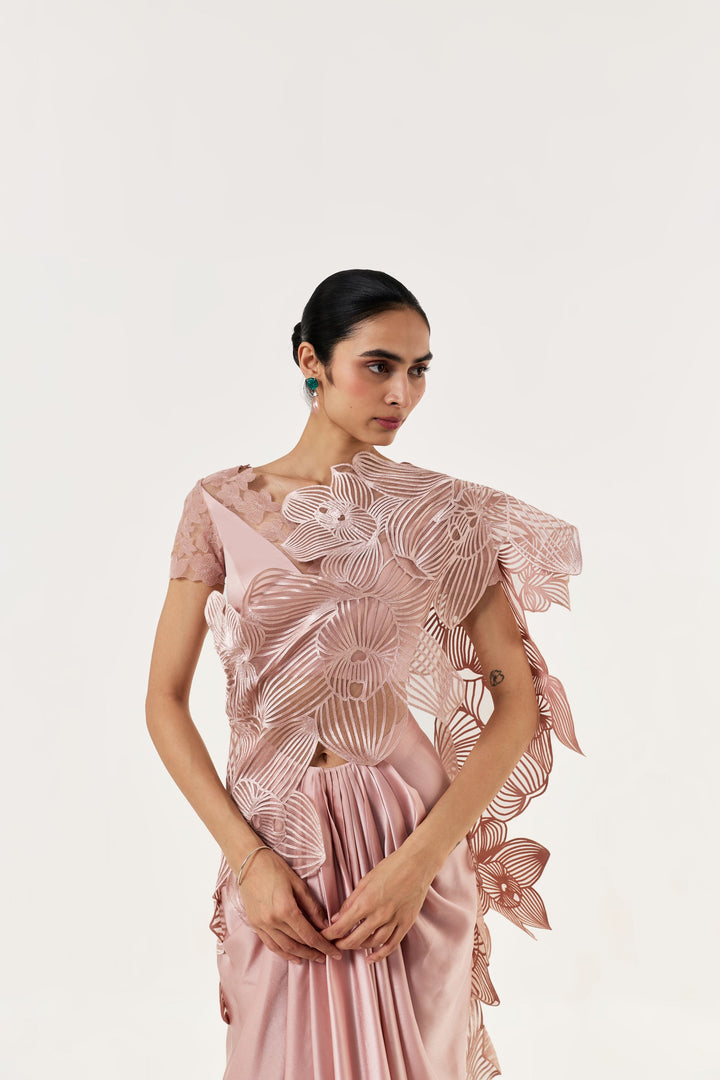 Orchid Gauze Saree Set - Rose Gold