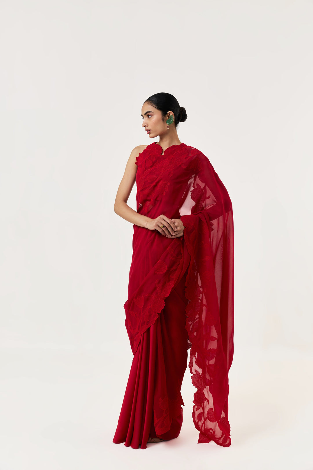 Wild Tulip Pre-Stitched Saree Set - Red