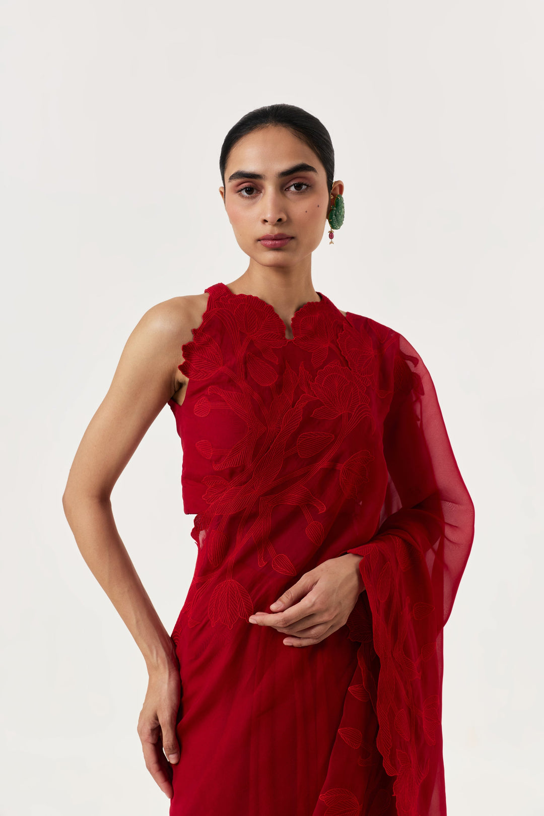 Wild Tulip Pre-Stitched Saree Set - Red
