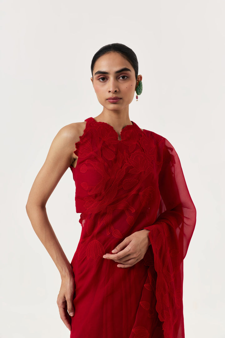 Wild Tulip Pre-Stitched Saree Set - Red