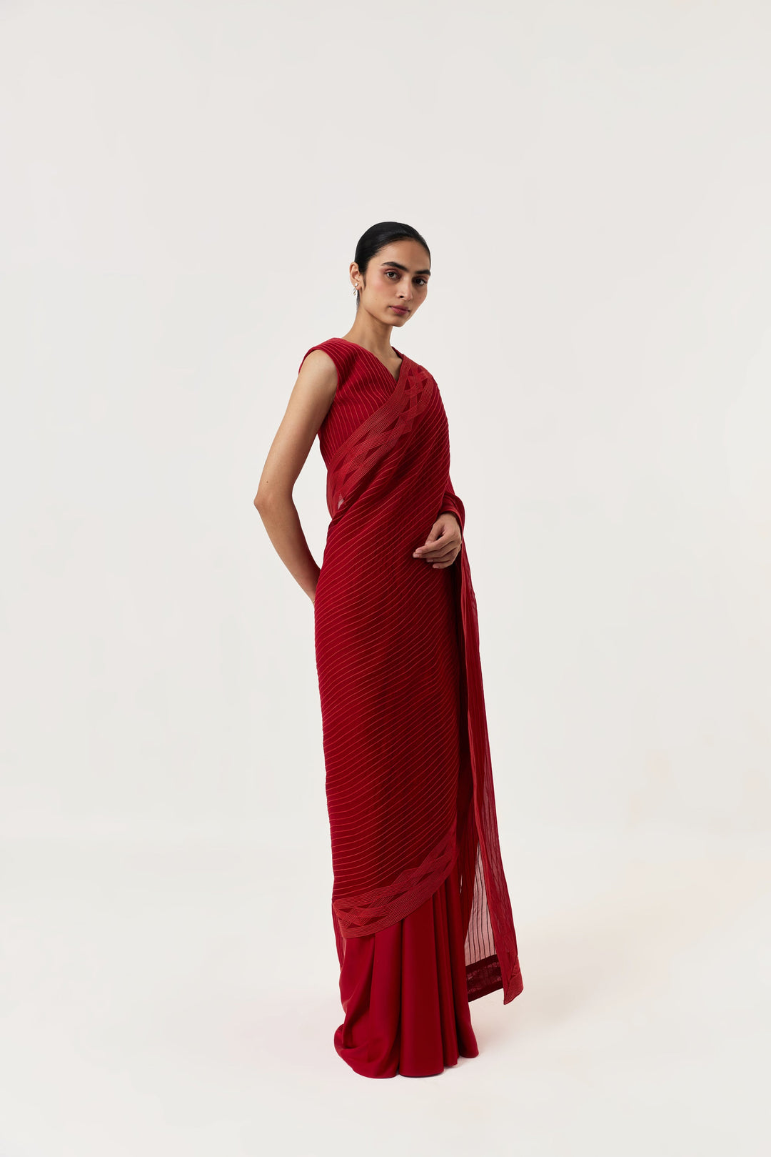 Entwined Corded Saree with Striped Pallu - Red