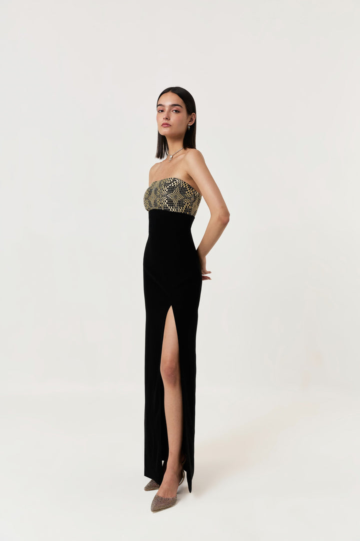 Geometric Dabka Strapless Dress