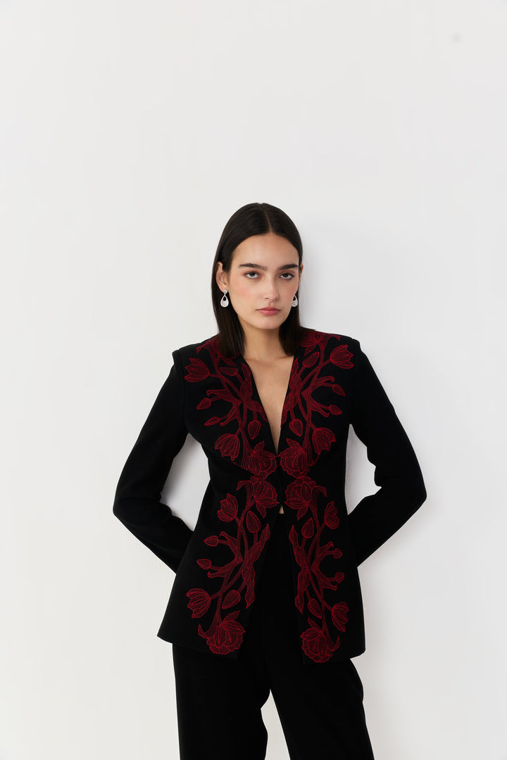 Wild Tulip Collarless Blazer Set - Black & Red