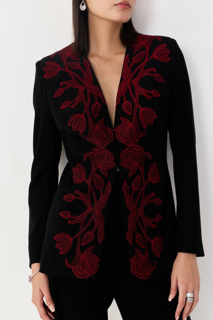 Wild Tulip Collarless Blazer Set - Black & Red