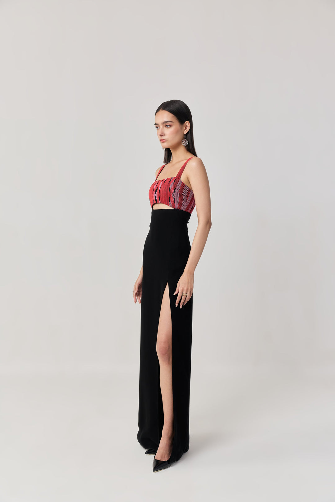 Entwined Corded Yoke Dress with Cutout - Black & Red