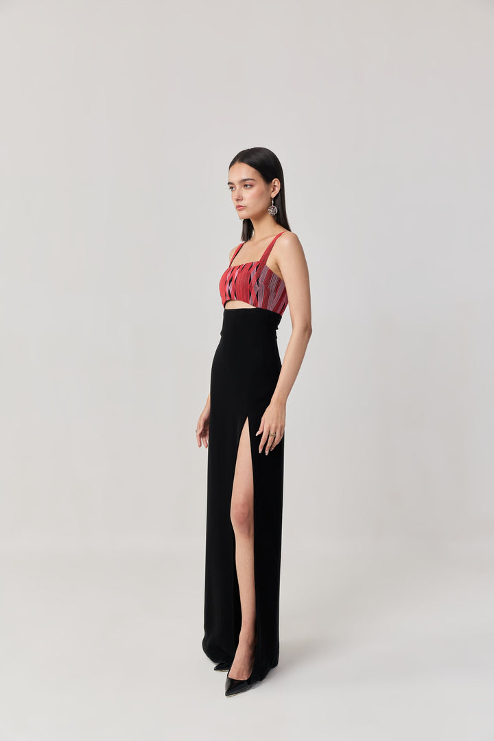 Entwined Corded Yoke Dress with Cutout - Black & Red