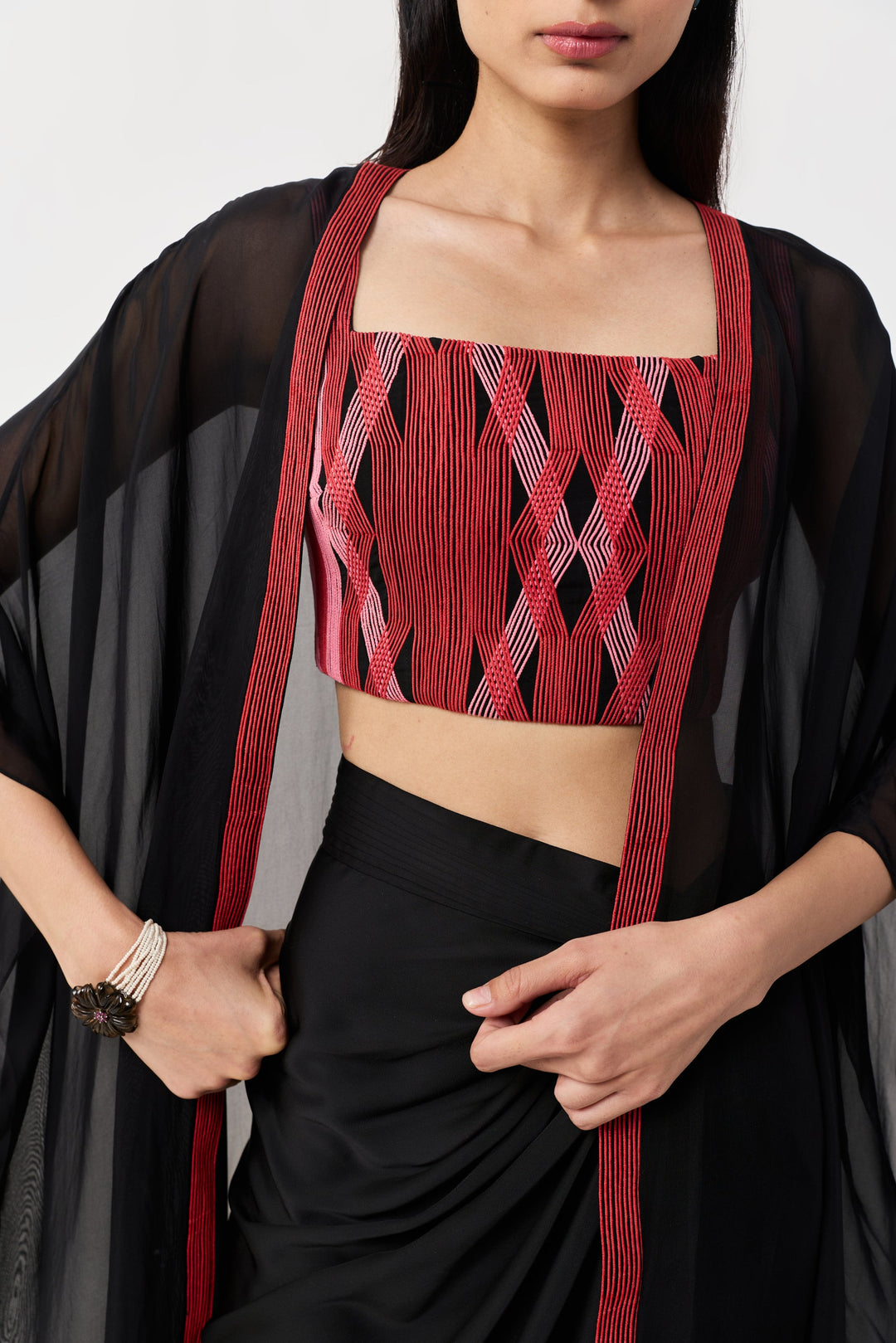 Entwined Corded Bustier Cape Set - Black & Red