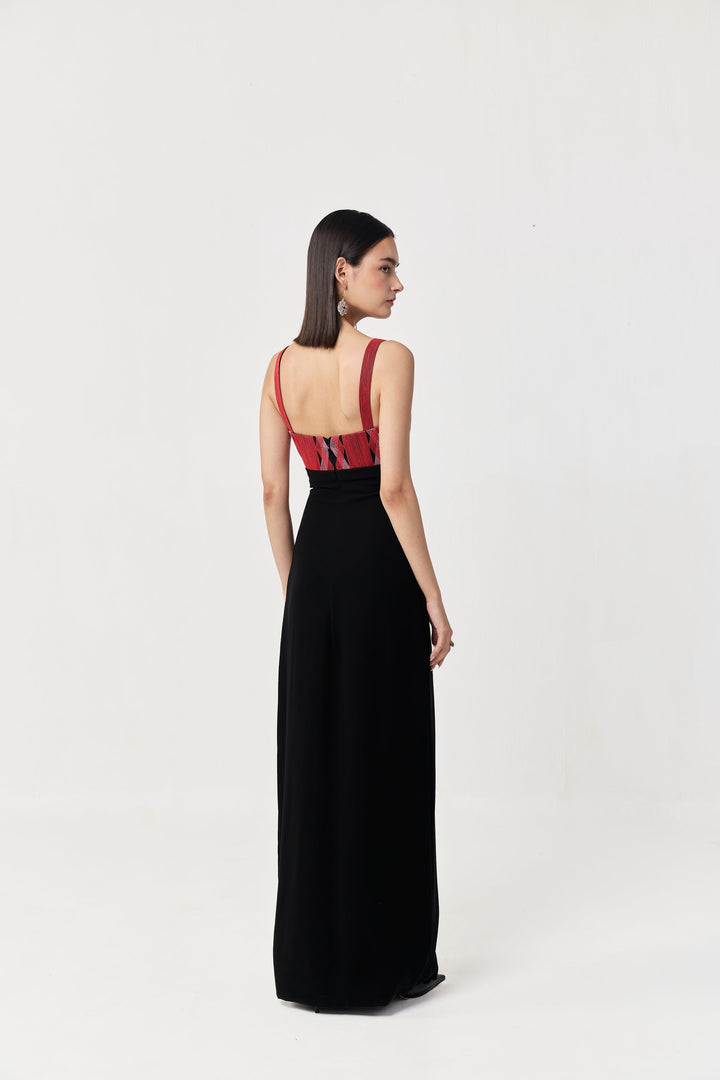 Entwined Corded Yoke Dress with Cutout - Black & Red