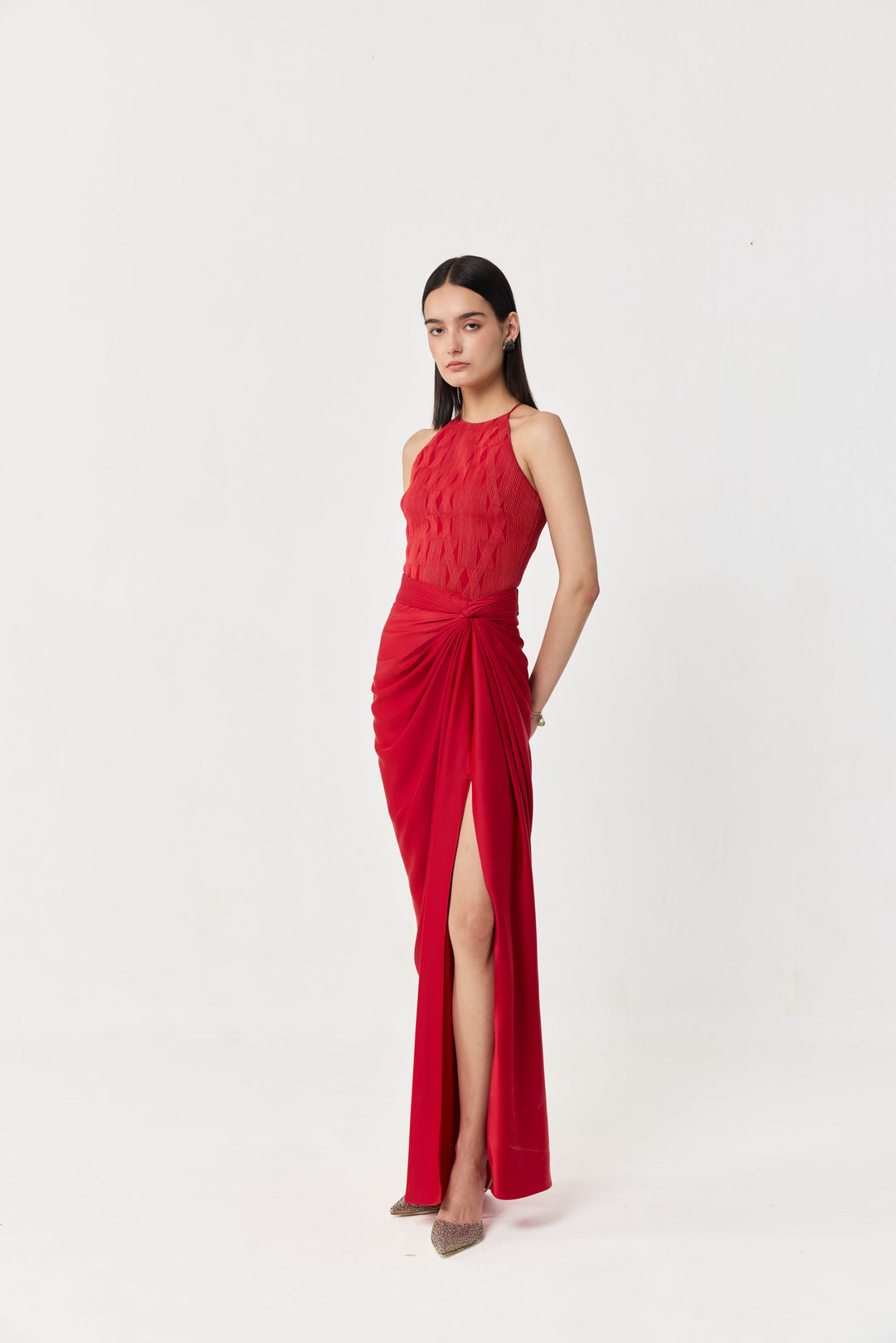 Entwined Corded Halter Top Skirt Set - Red