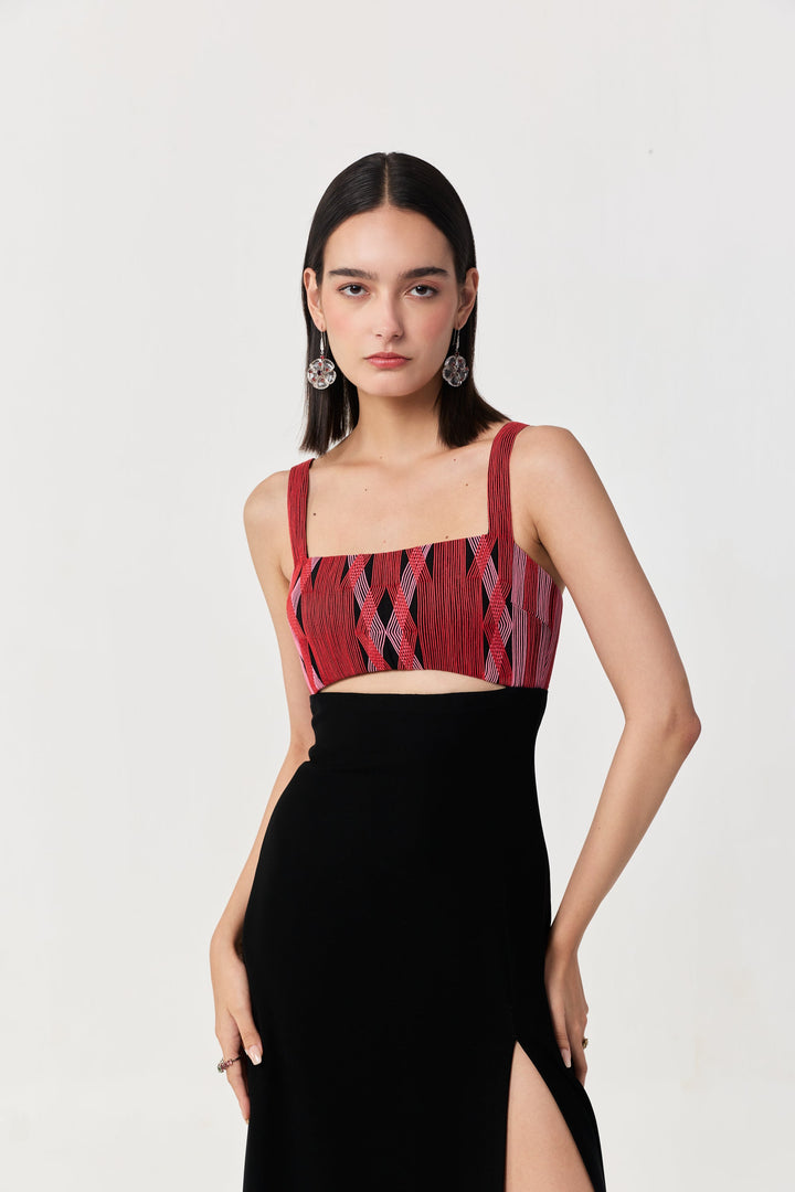 Entwined Corded Yoke Dress with Cutout - Black & Red