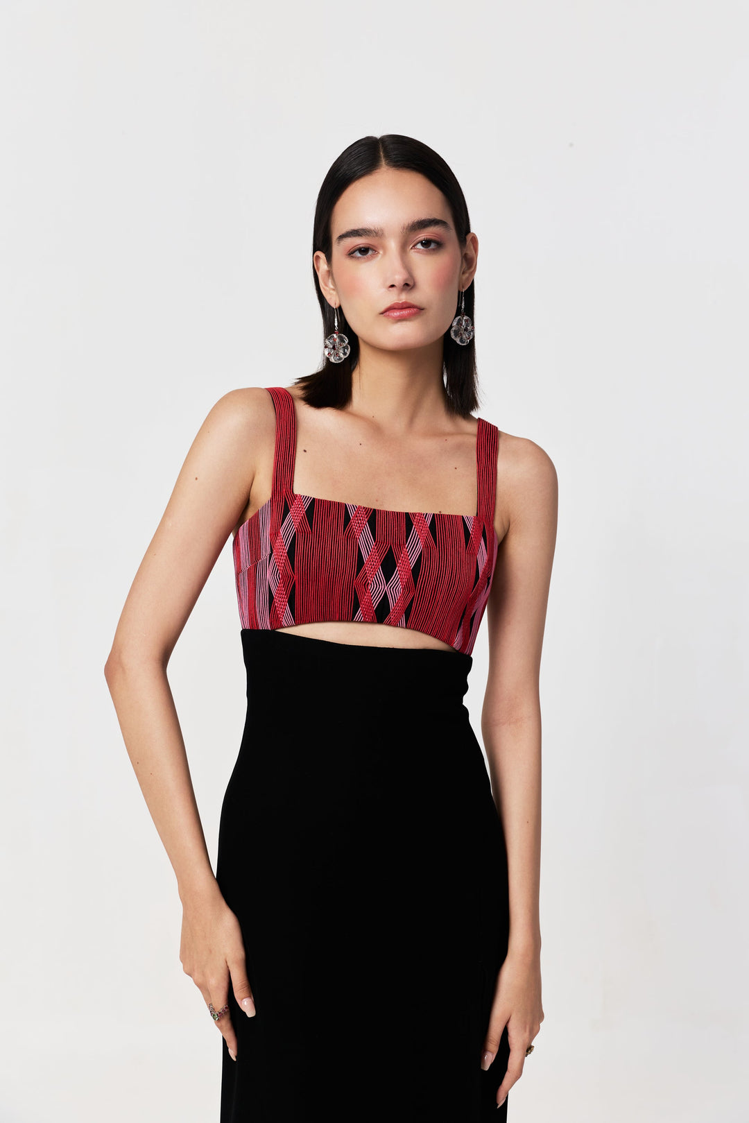 Entwined Corded Yoke Dress with Cutout - Black & Red
