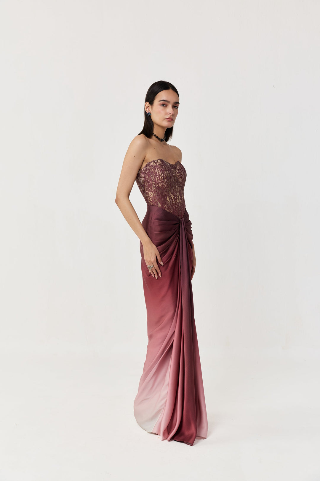 Moss Forest Appliqué Corset Skirt Set - Maroon Ombre