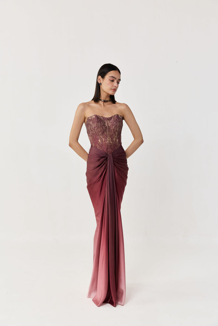 Moss Forest Appliqué Corset Skirt Set - Maroon Ombre