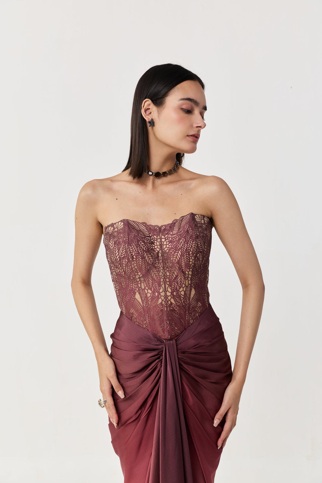 Moss Forest Appliqué Corset Skirt Set - Maroon Ombre