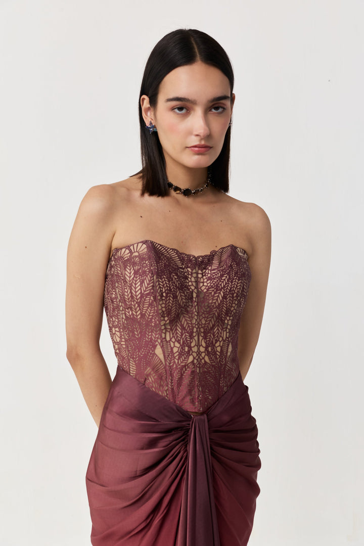 Moss Forest Appliqué Corset - Maroon
