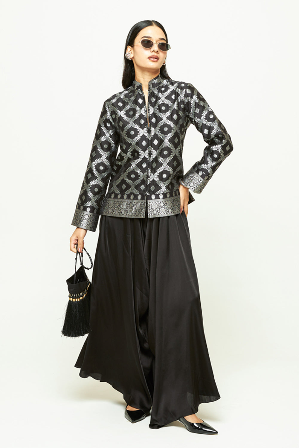 Suki Black Geometric Brocade Jacket Set