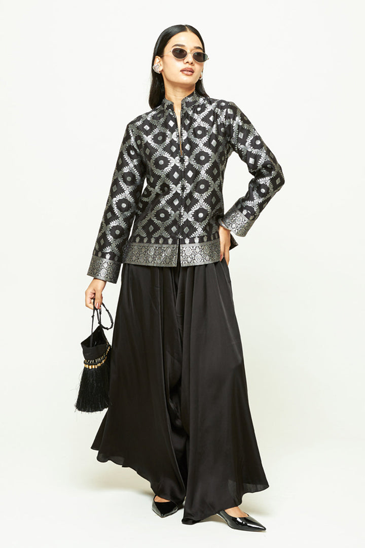 Suki Black Geometric Brocade Jacket Set