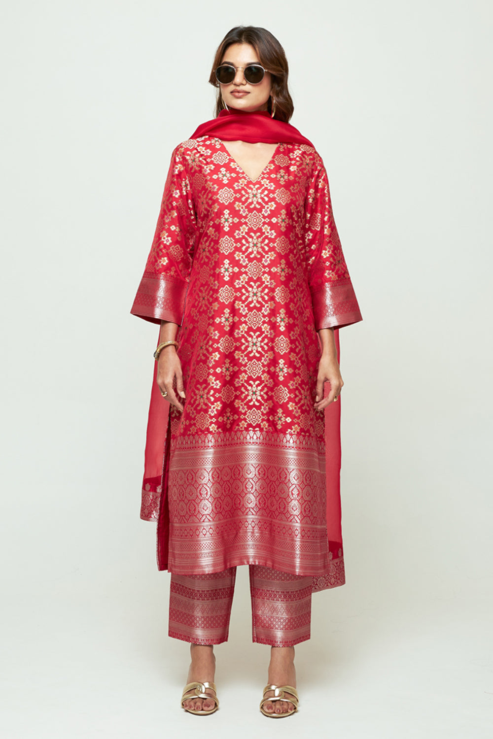 Meena Red Brocade Long Kurta Set