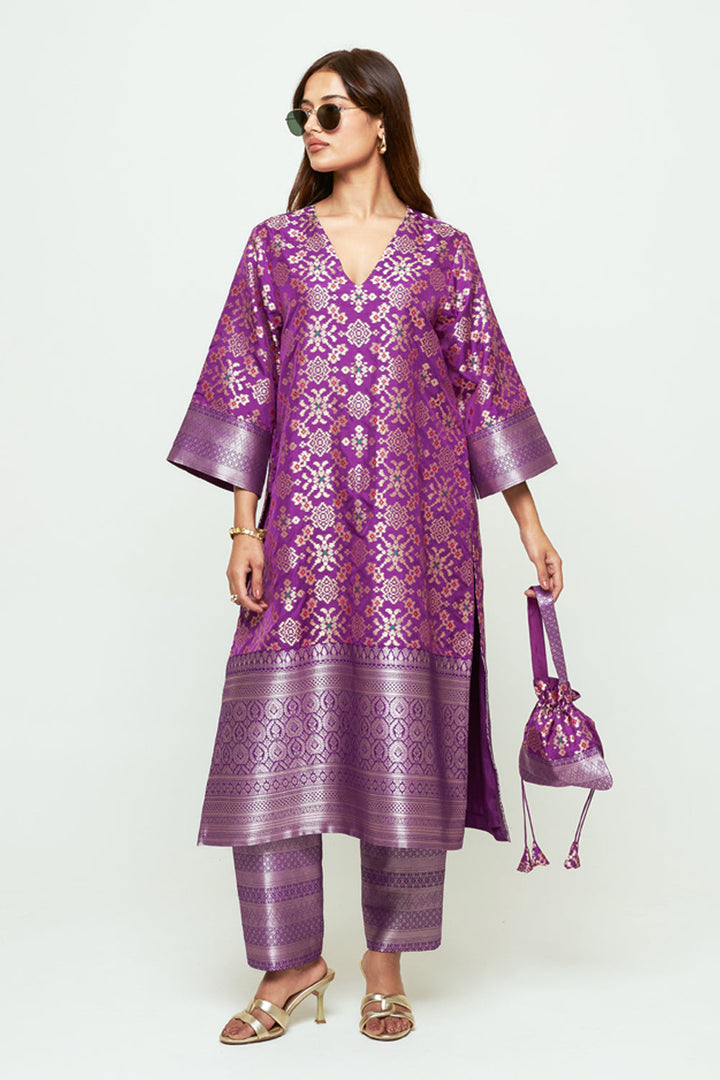 Meena Purple Brocade Long Kurta Set