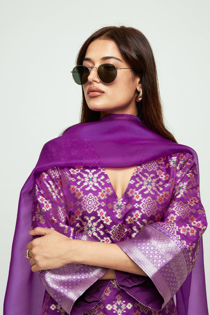 Meena Purple Brocade Long Kurta Set
