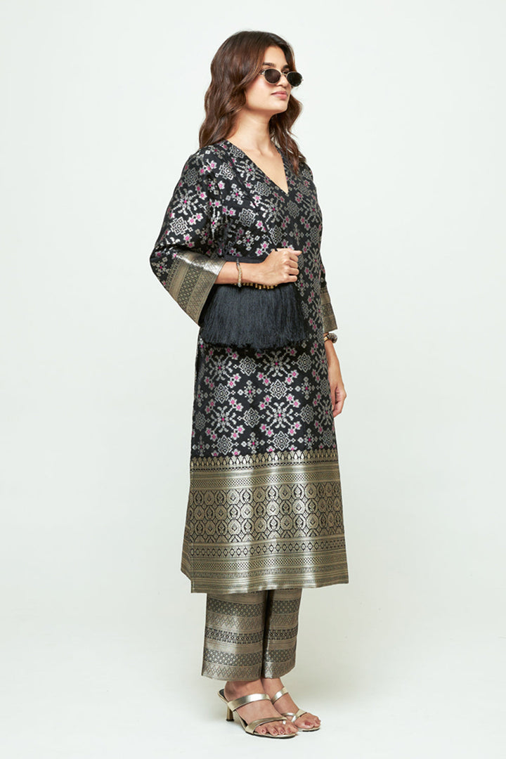 Meena Black Brocade Long Kurta Set