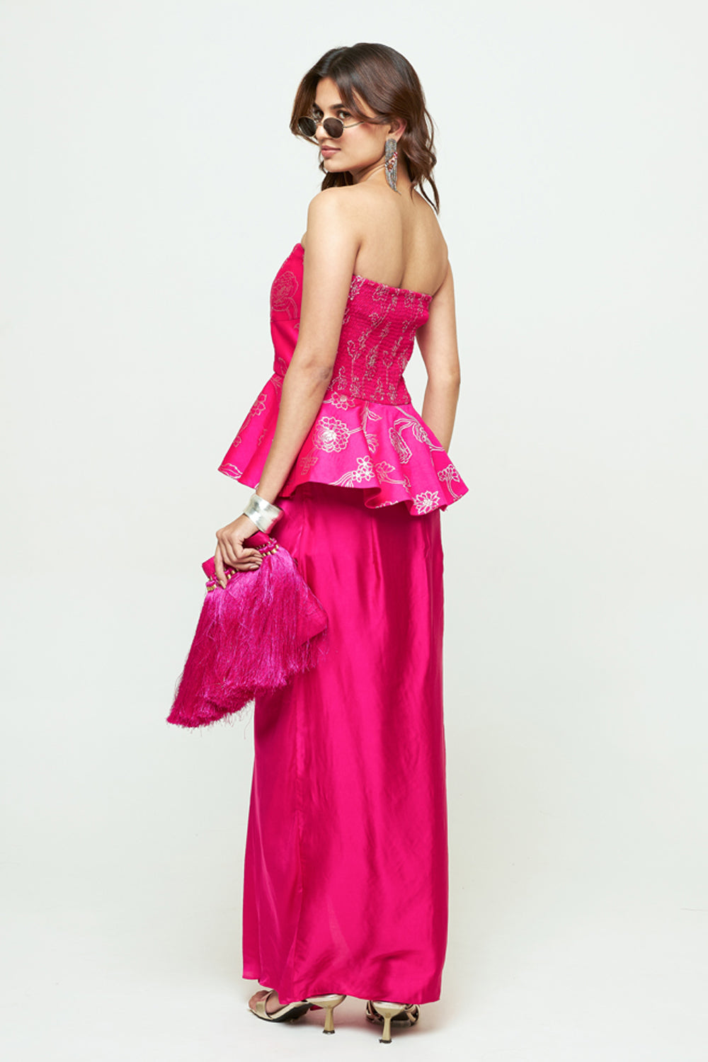 Rosa Pink Brocade Peplum Draped Skirt Set