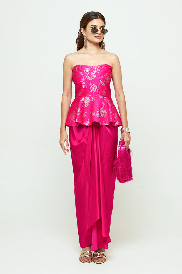 Rosa Pink Brocade Peplum Draped Skirt Set