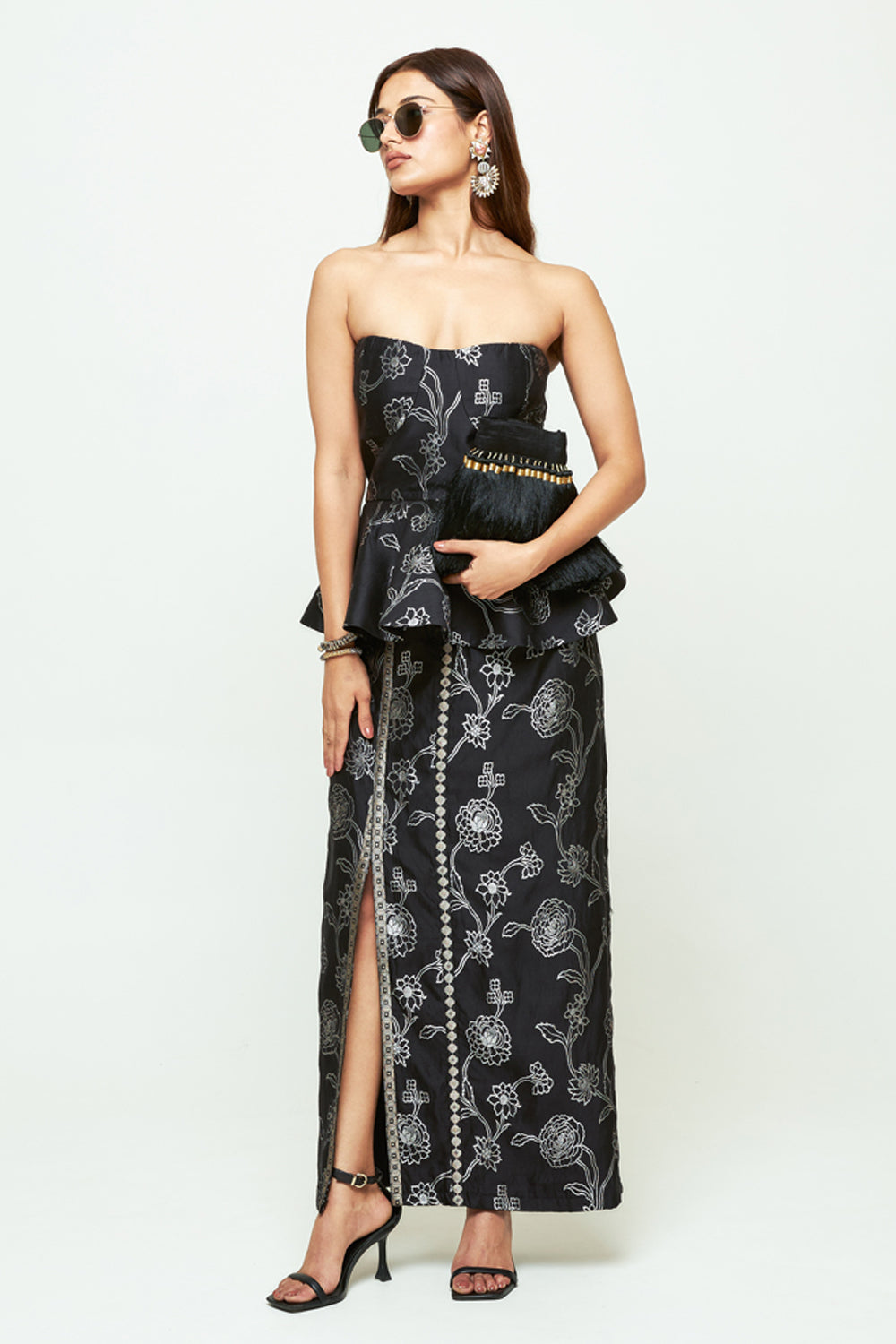 Rosa Black Brocade Peplum Skirt Set