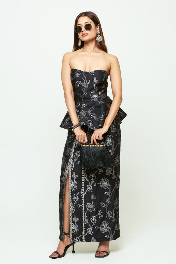 Rosa Black Brocade Peplum Skirt Set